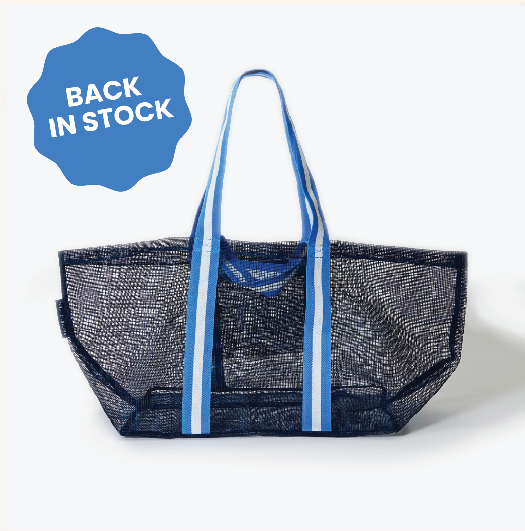 Mesh Oversized Tote in Navy with soft woven handles
- Project Ten