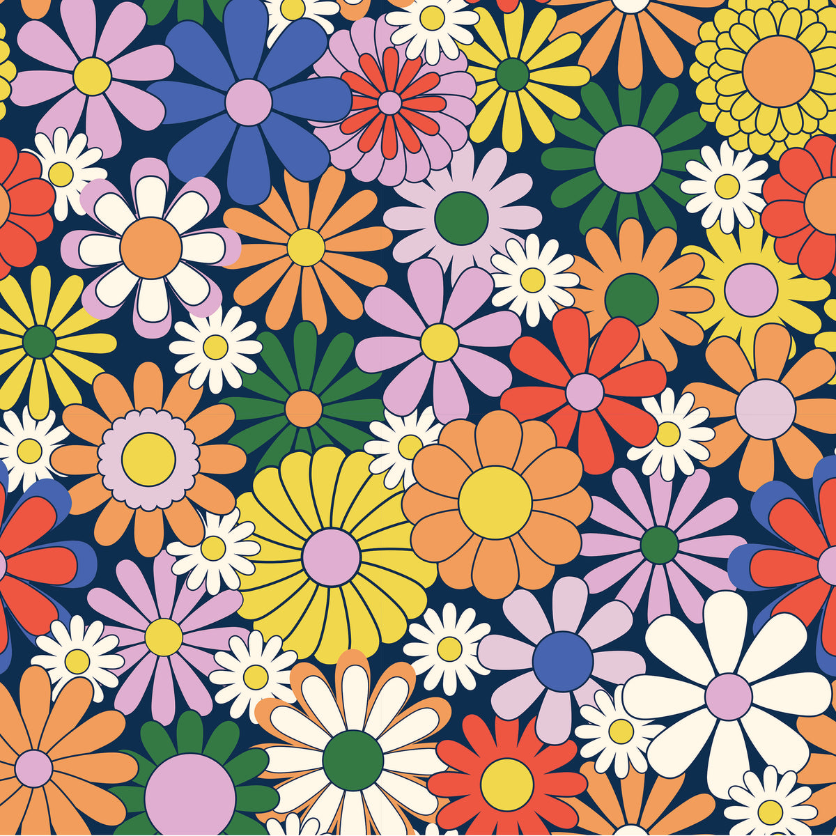 Our Coastal Floral Oversized pattern is covered in bright retro daisies in orange, pink, yellow and blue on a navy background.