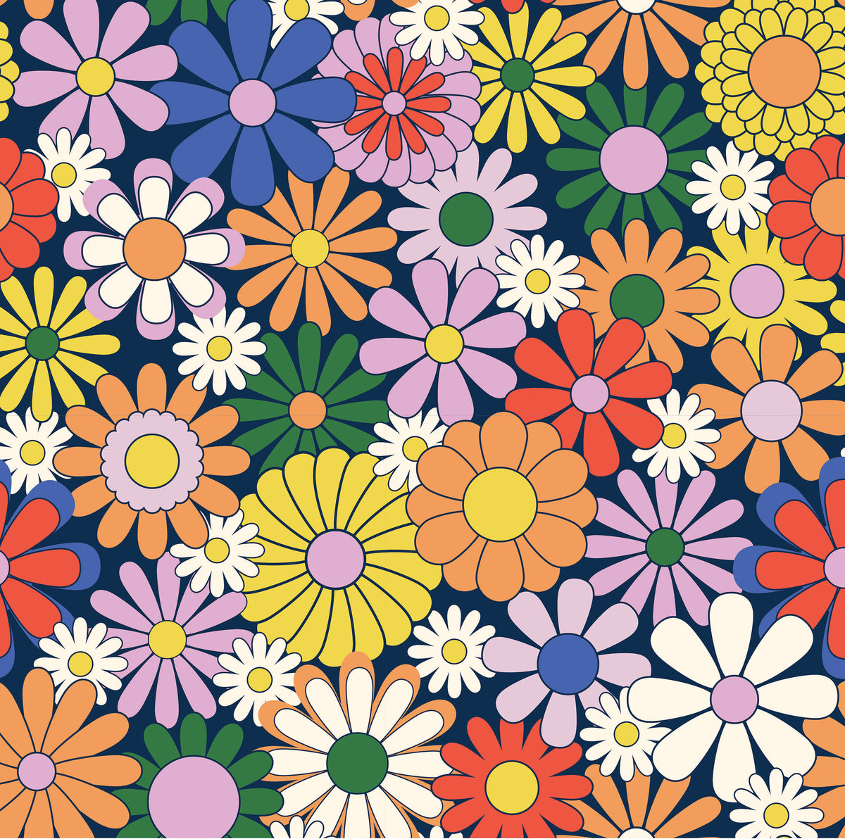 Our Coastal Floral Oversized pattern is covered in bright retro daisies in orange, pink, yellow and blue on a navy background.