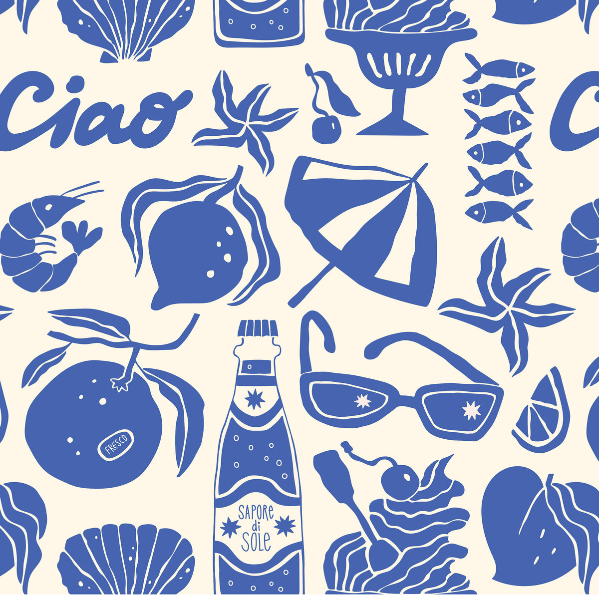 Our Feast pattern in a blue and ecru print of lemons, seafood, gelato, soda bottles, sunglasses, beach umbrellas and the word "Ciao".