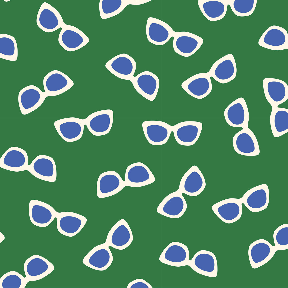 Our Sunglasses pattern in green with a scattered print of ecru framed sunglasses with blue lenses.