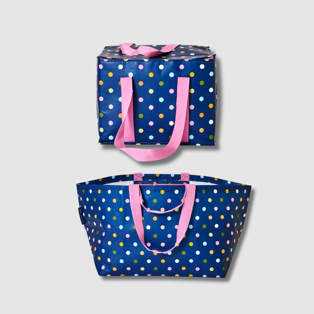 Two confetti bags.
Upper image is the large insulated tote, lower image is oversized tote. Polka dots on navy background.