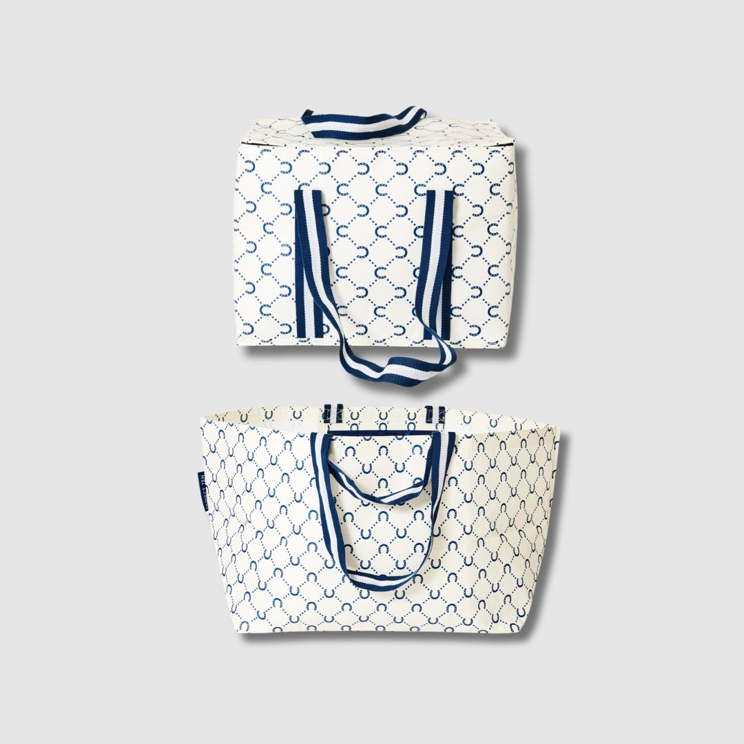 Large Insulated Tote and Oversized Tote both in Navy Horseshoe.
- Project Ten