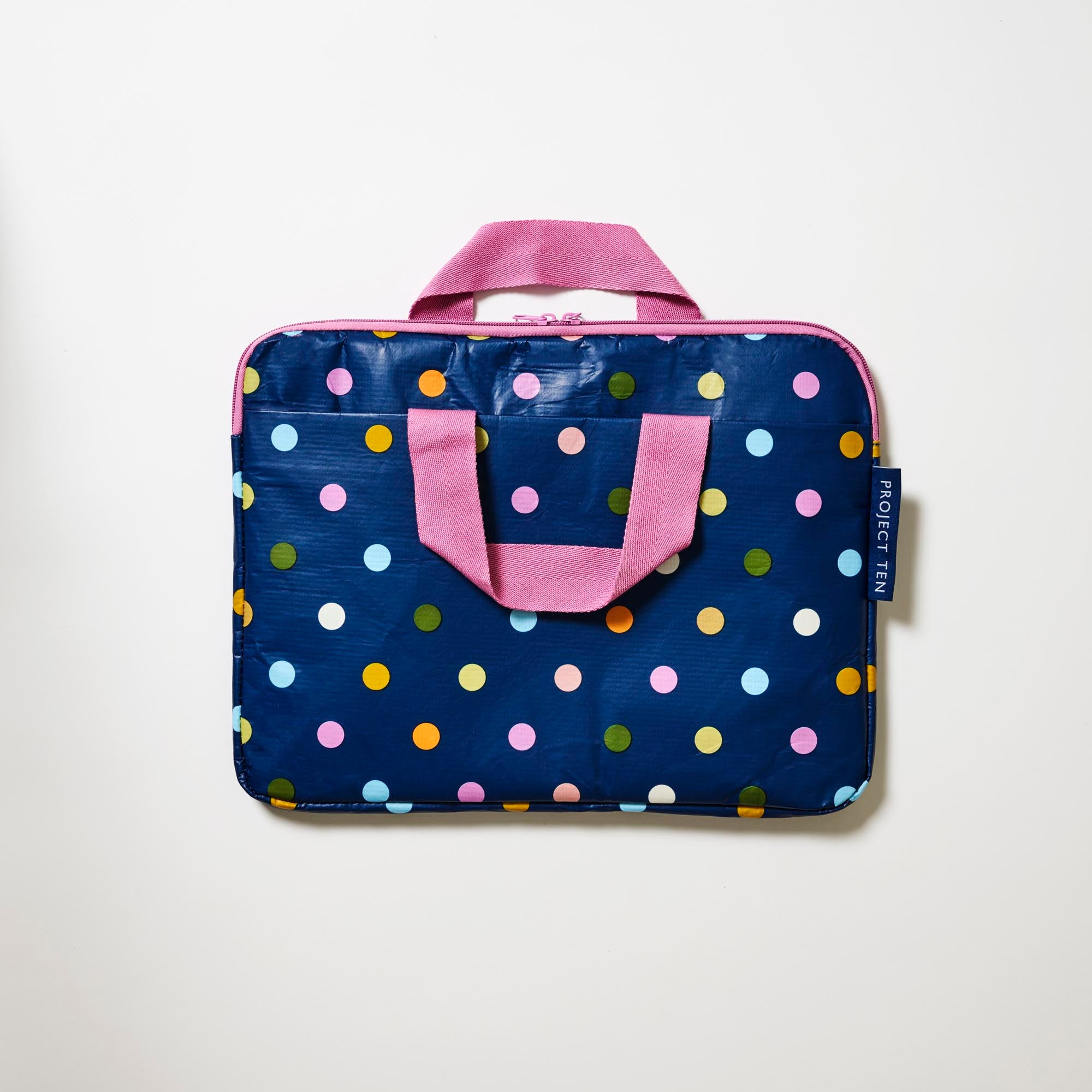 Laptop Case – Confetti. Polka dots on navy background- Project Ten