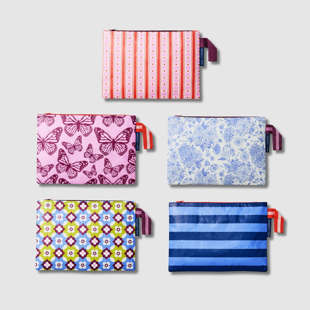 Large Zip Pouch Bundle.
Wallpaper, Butterfly, Toile, Mosaic & Blue Stripe.
- Project Ten