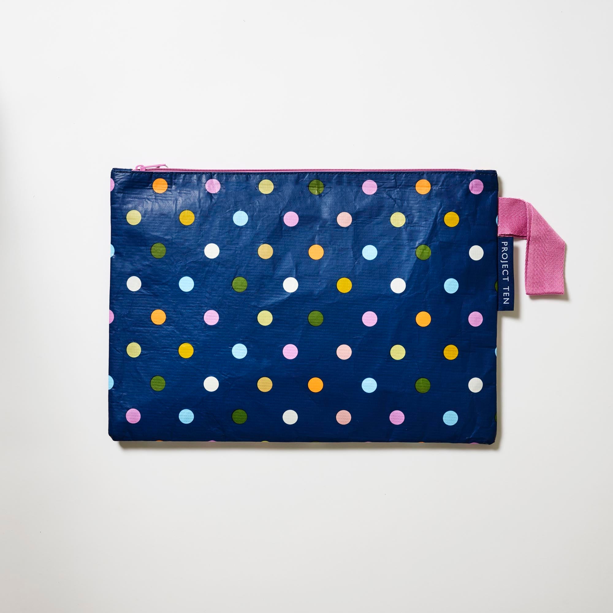 Large Zip Pouch – Confetti - Project Ten
Polka dots on navy background