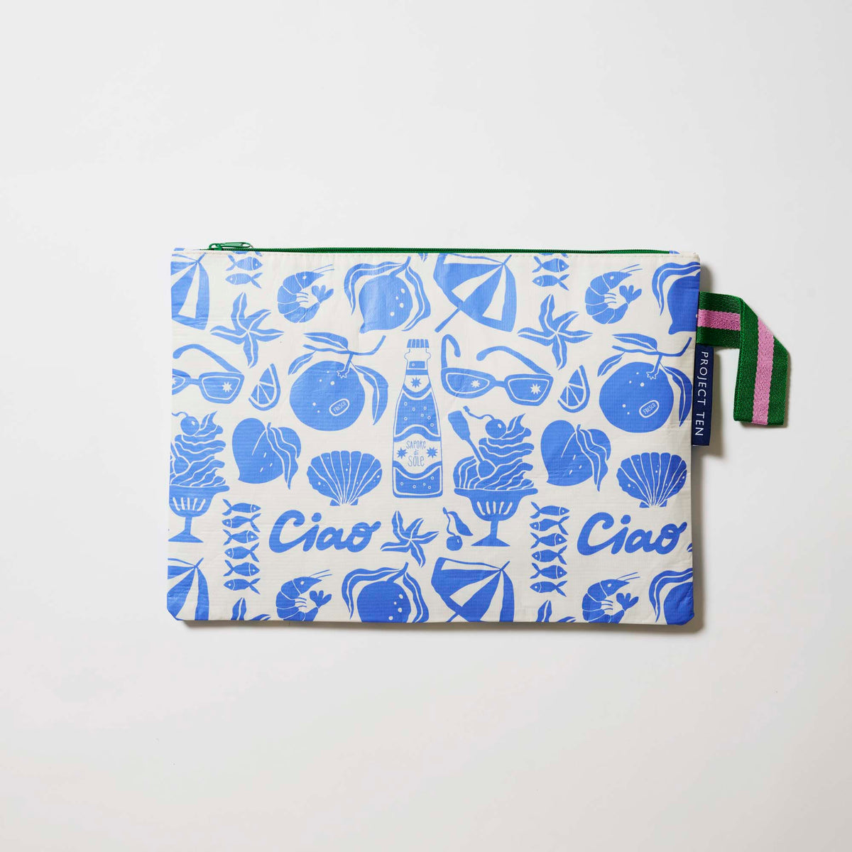 Our Feast Large Zip Pouch, a flat rectangular pouch in a blue and ecru print of lemons, seafood, gelato, soda bottles, sunglasses, beach umbrellas and the word "Ciao", with a green zip and green and pink striped handle.