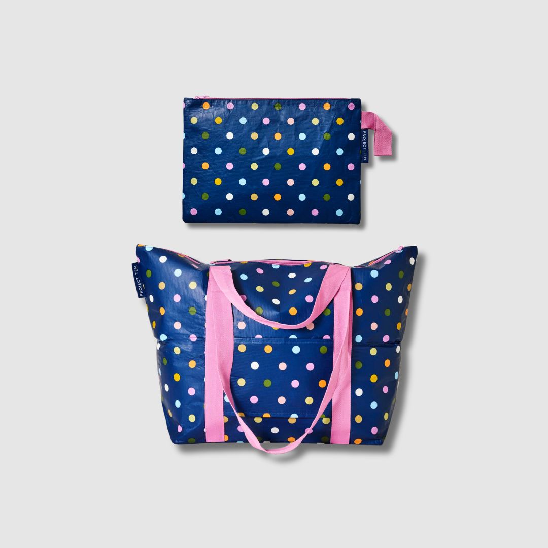 Large zip pouch with polka dots on navy background
Medium tote bag with polka dots on navy background