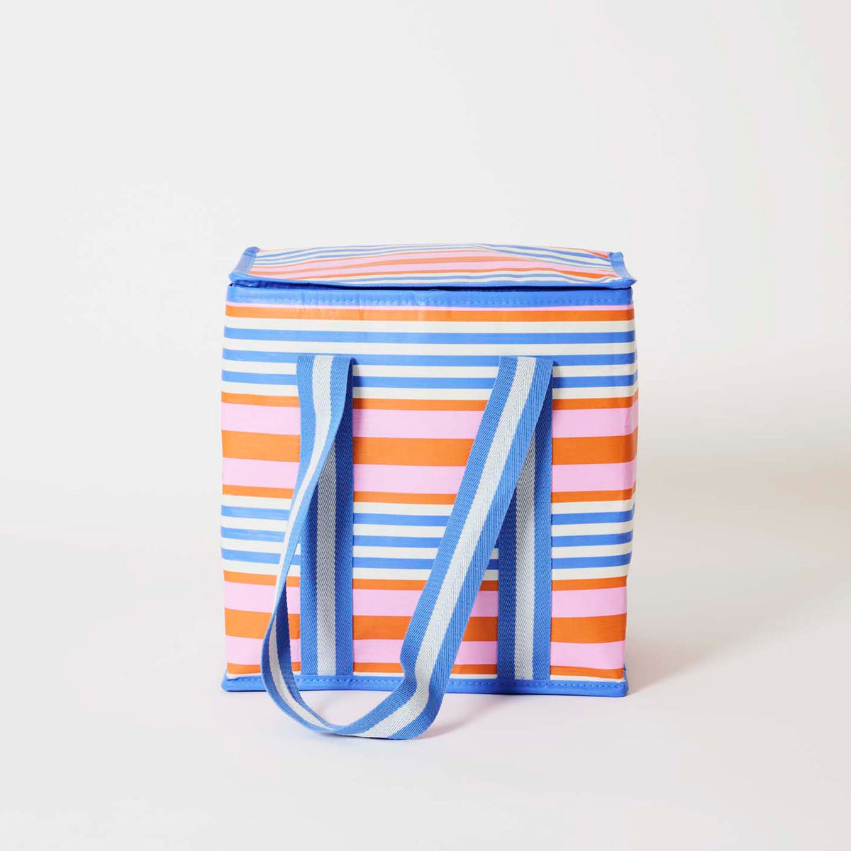 Our Capri Stripe Medium Insulated Tote, horizontal stripes of pink, orange, blue and ecru, with a fold-over zip lid and long blue and ecru striped straps.