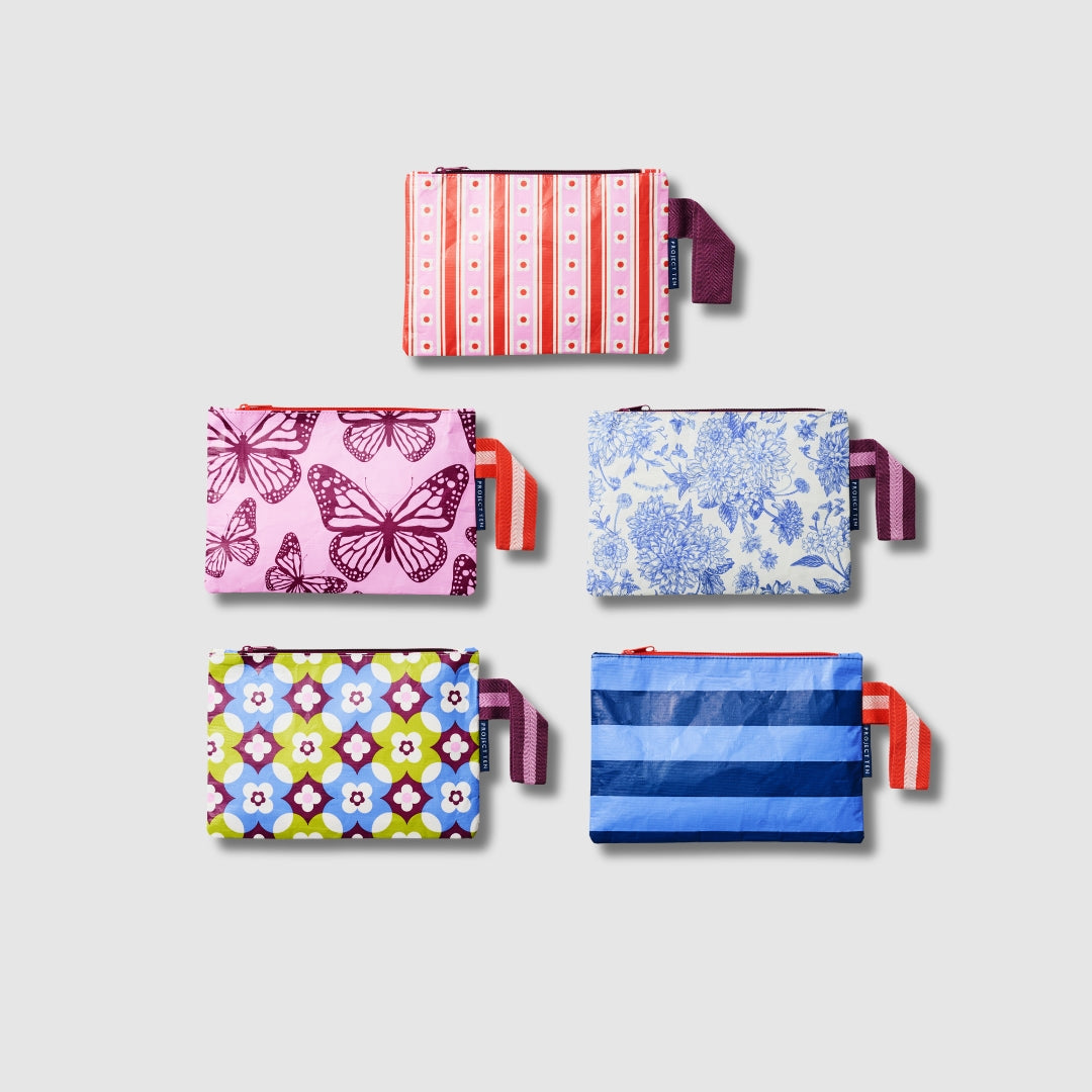 Mini Zip Pouch bundle.
Wallpaper, Butterfly, Toile, Mosaic & Blue Stripe.
- Project Ten