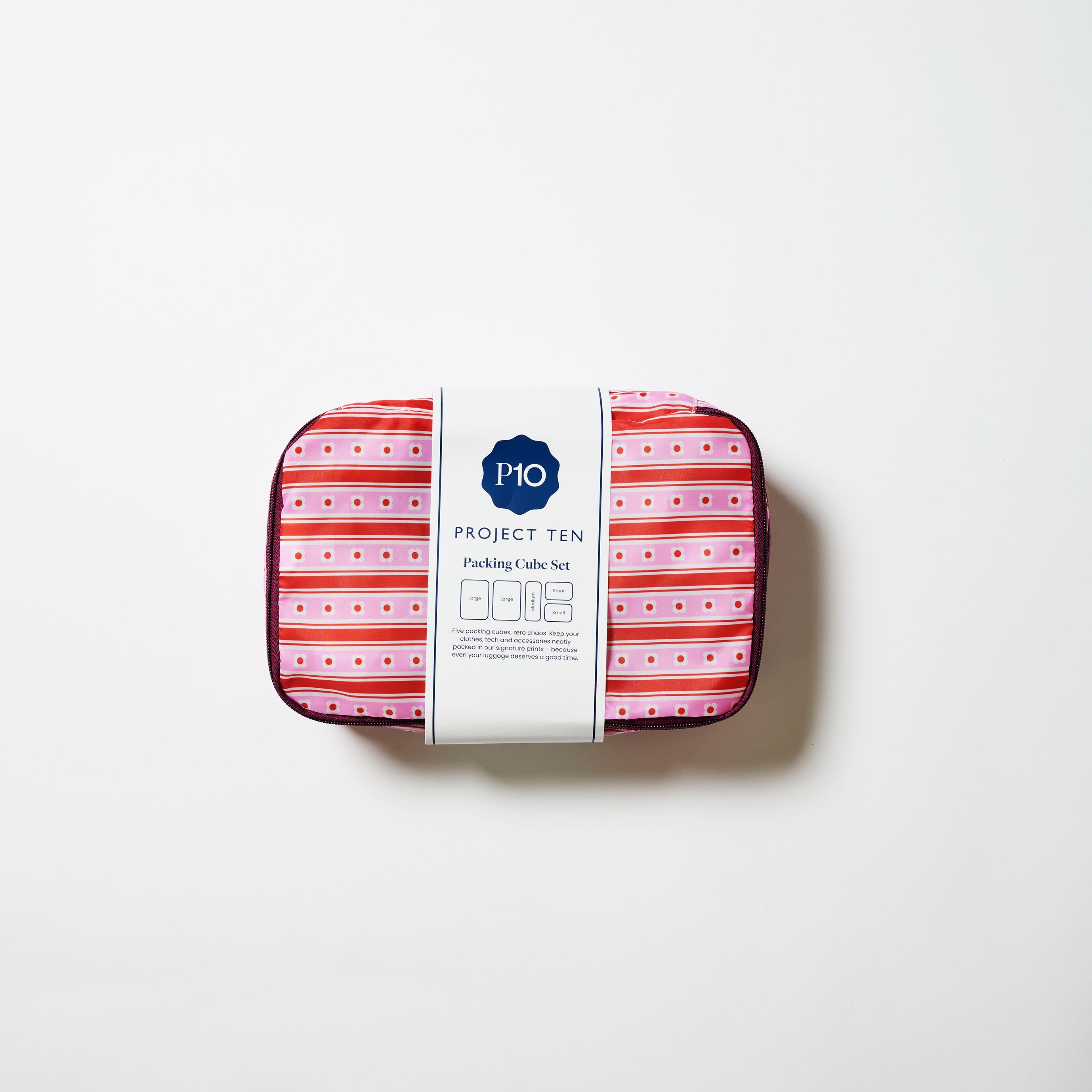 Project Ten Packing Cube set in main packaging. Label shows different sizes included.
- Project Ten