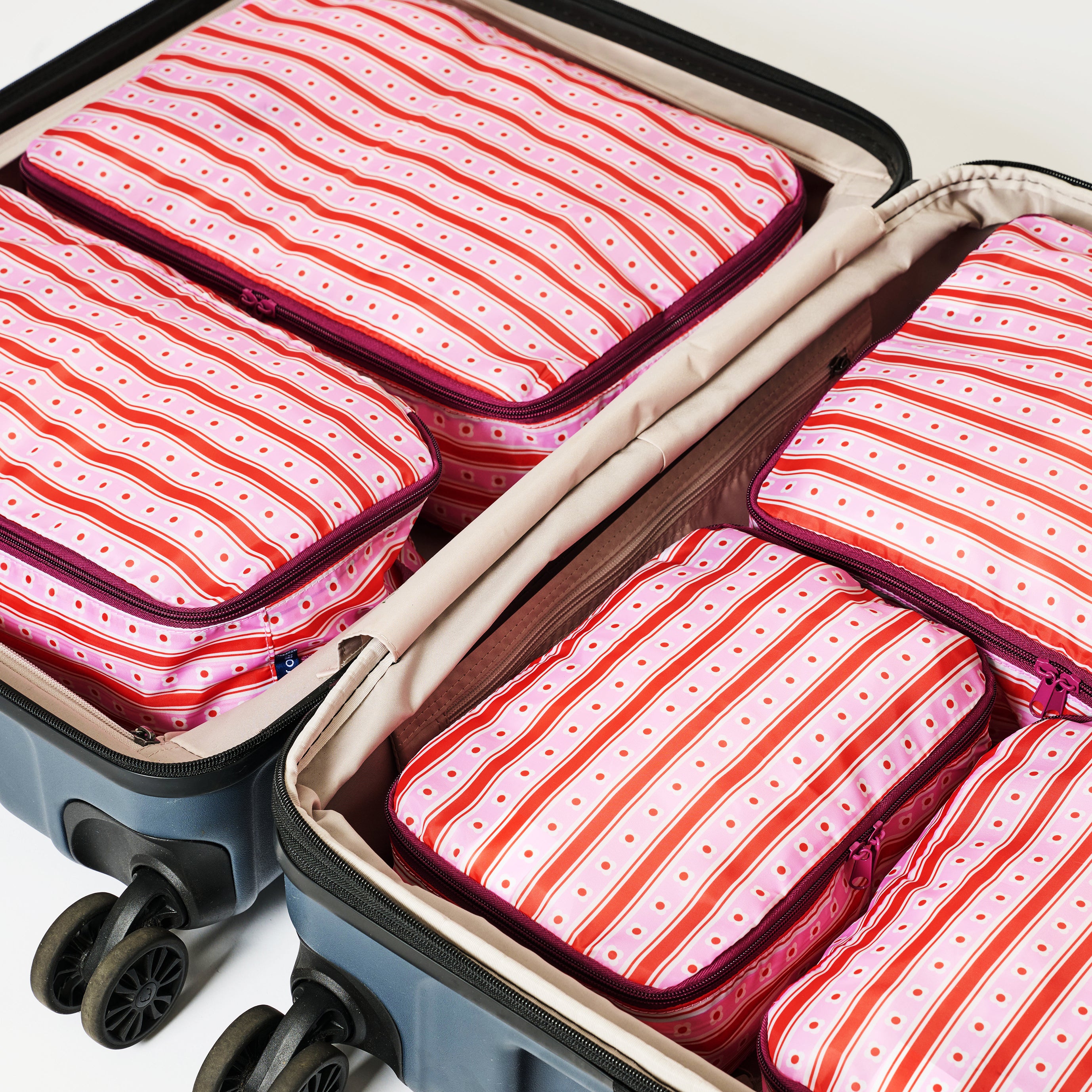 5 Wallpaper Packing cubes packed in a suitcase.
- Project Ten