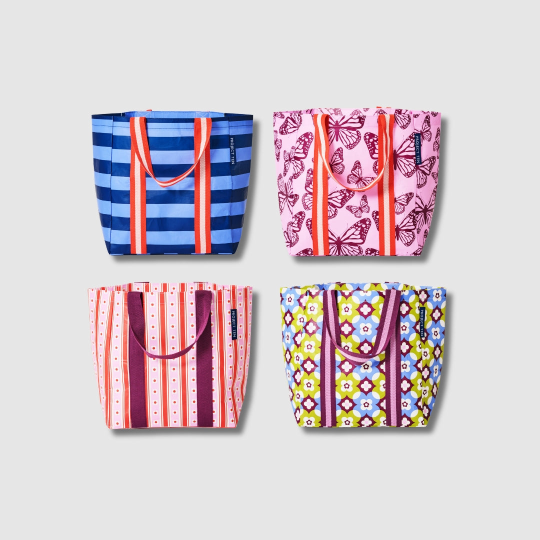 Four Shopper Totes.
Blue Stripe, Butterfly, Wallpaper & Mosaic.
- Project Ten
