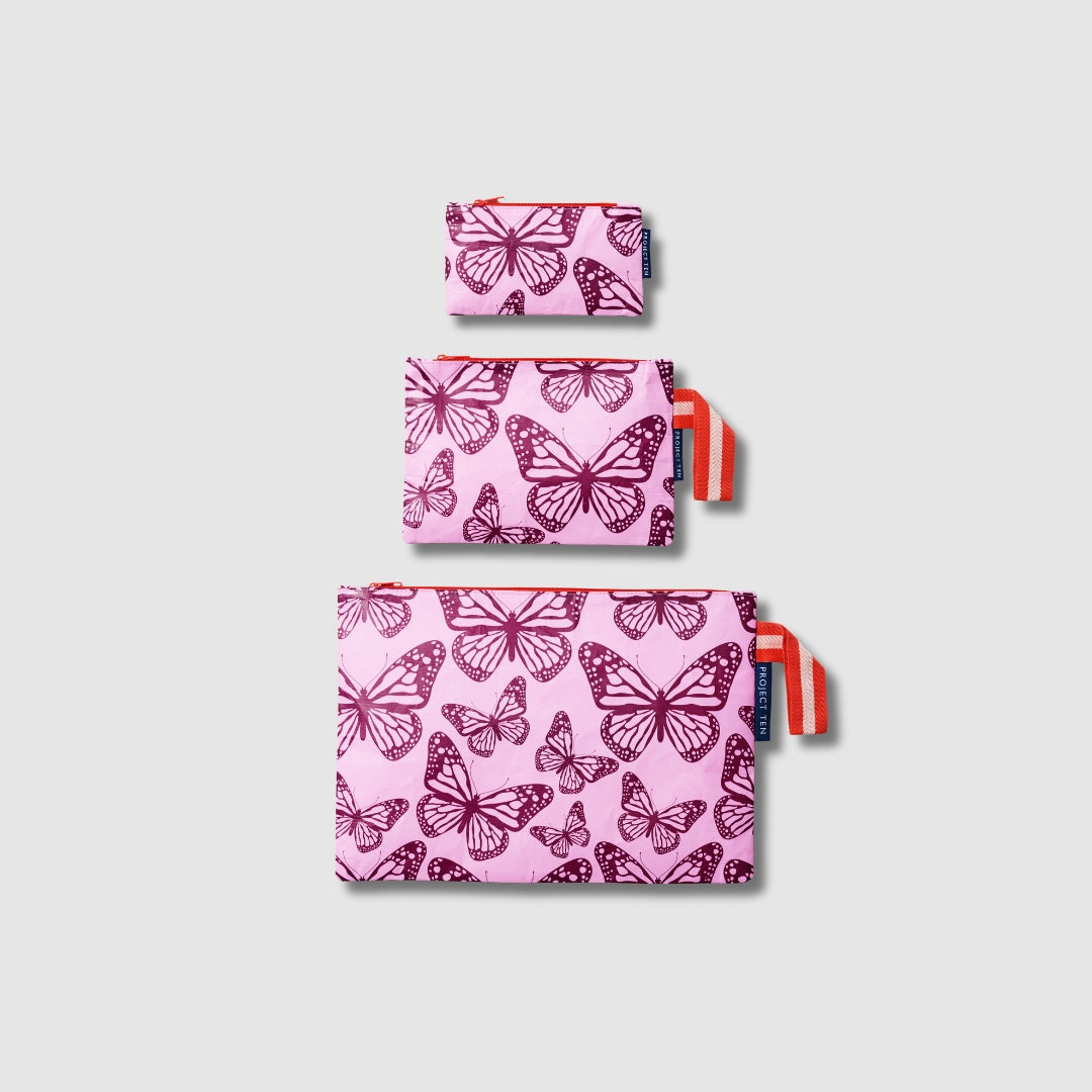 3 Zip Pouches.
Tiny Zip Pouch, Mini Zip Pouch and Large Zip Pouch all with soft woven handle.
- Project Ten