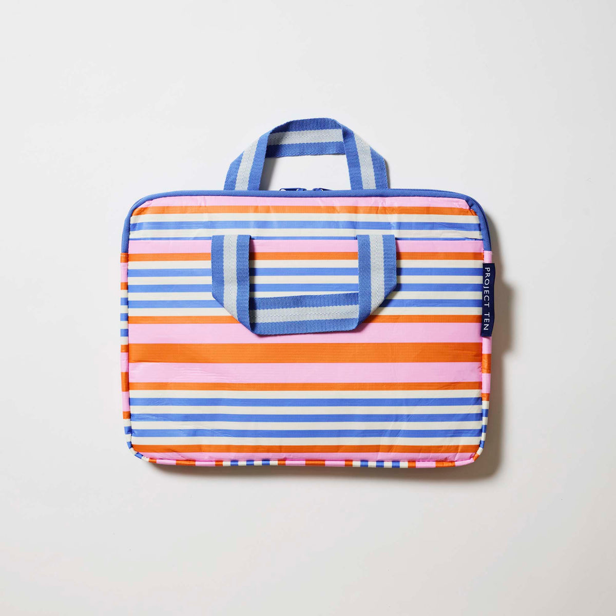 Our Capri Stripe Laptop Case, a slim zip-up laptop case in pink, orange, blue and ecru horizontal stripes, with two blue and ecru striped carry handles and a blue zip.