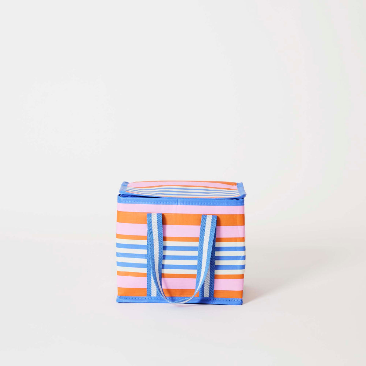 Our Capri Stripe Mini Insulated Tote, a small boxy cooler bag in horizontal stripes of pink, orange, blue and ecru, a fold-over zip lid and short blue and ecru striped carry handles.