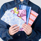 Someone holding 5 Tiny Zip Pouches.
Toile, Mosaic, Butterfly, Blue Stripe & Wallpaper. 
- Project Ten