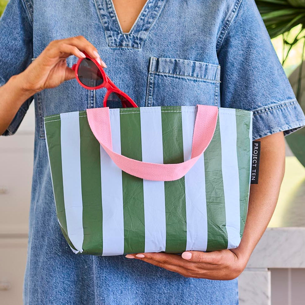 Mini Tote – Green Blue Stripe – Project Ten