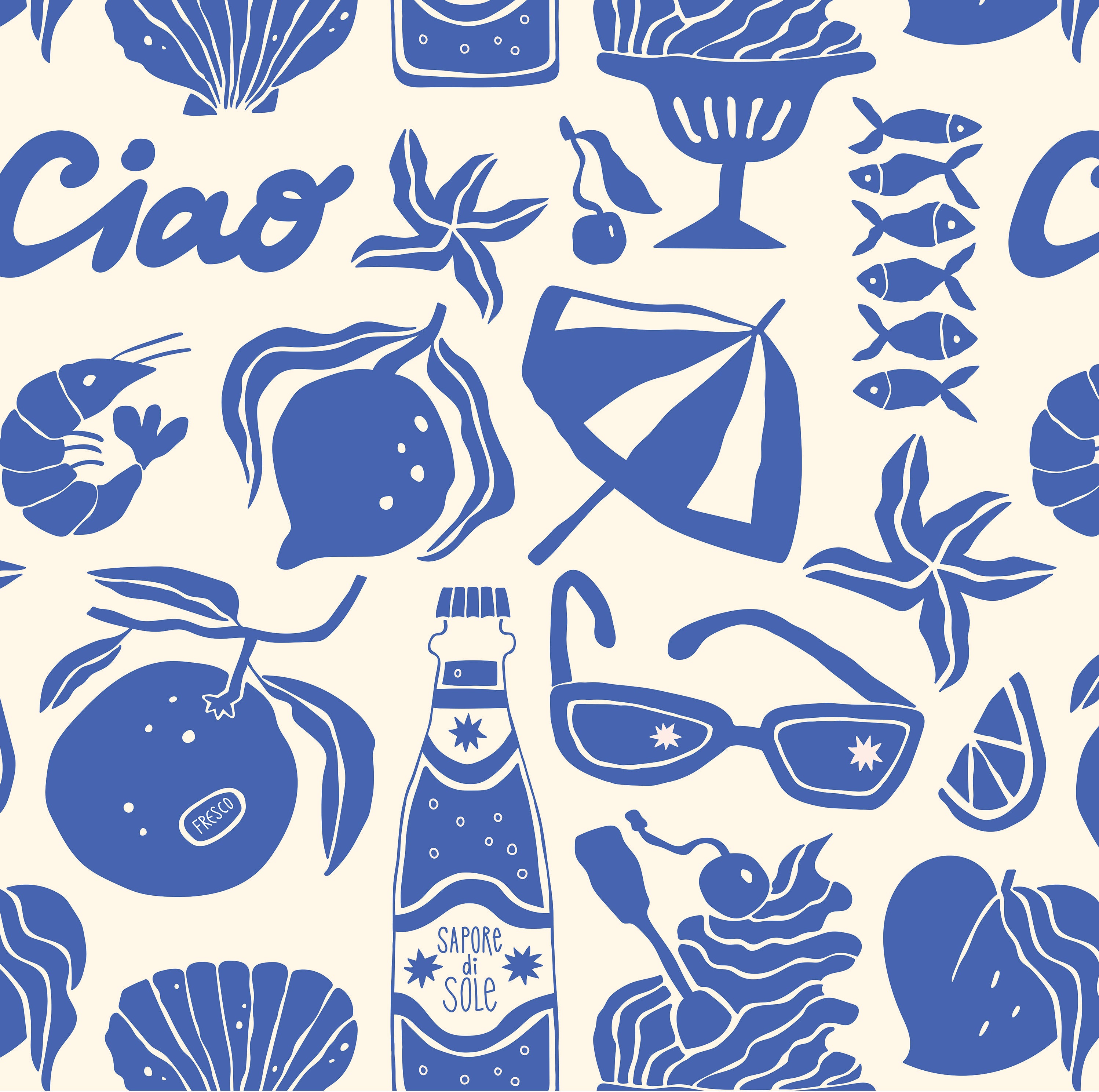 Our Feast pattern in a blue and ecru print of lemons, seafood, gelato, soda bottles, sunglasses, beach umbrellas and the word "Ciao".