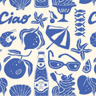 Our Feast pattern in a blue and ecru print of lemons, seafood, gelato, soda bottles, sunglasses, beach umbrellas and the word "Ciao".