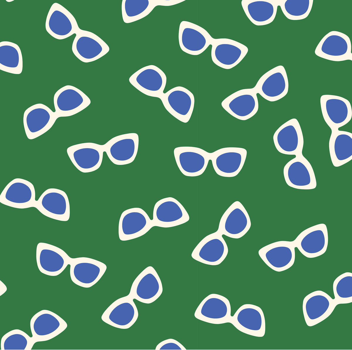 Our Sunglasses pattern in green with a scattered print of ecru framed sunglasses with blue lenses.