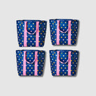 4 bags with polka dots on navy background.