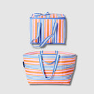 Our Capri Stripe Beach Large Shopping Bundle, a zip-top Large Insulated Tote and Oversized Tote in pink, orange, blue and ecru stripes, each with blue and ecru striped carry handles.