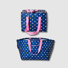 Two confetti bags. 
Upper image is the large insulated tote, lower image is oversized tote. Polka dots on navy background. 