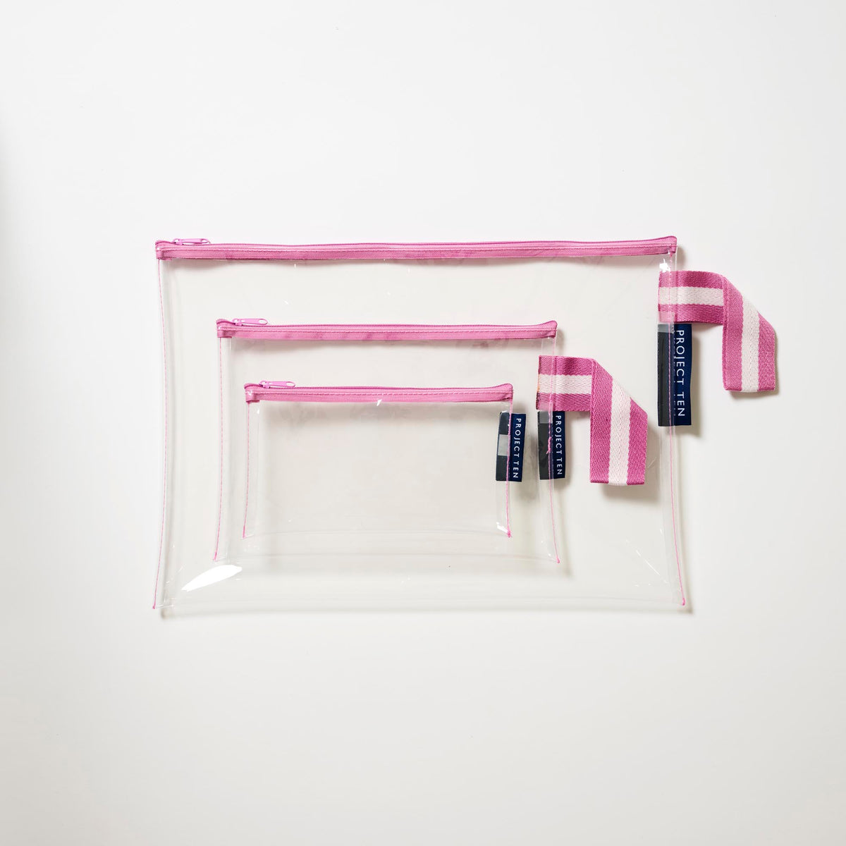 Clear Zip Pouch Bundle (x3 sizes) – Pink – Project Ten