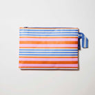 Our Capri Stripe Large Zip Pouch, a flat rectangular pouch in horizontal stripes of pink, orange, blue and ecru, with a blue zip and blue and ecru striped handle.