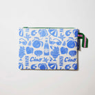 Our Feast Large Zip Pouch, a flat rectangular pouch in a blue and ecru print of lemons, seafood, gelato, soda bottles, sunglasses, beach umbrellas and the word "Ciao", with a green zip and green and pink striped handle.