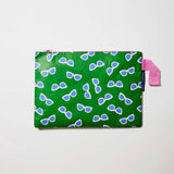 Our Sunglasses Large Zip Pouch, a flat rectangular pouch in green with a scattered print of ecru framed sunglasses with blue lenses, and a pink zip and handle.