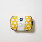 Our Yellow Polka Dot Packing Cubes, a set of five zip-up packing cubes in different sizes, in bright yellow with large ecru polka dots, with blue zips and blue and ecru striped carry handles.