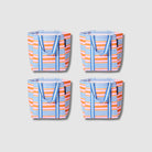 Our Capri Stripe Shopper Tote Bundle, a set of four Shopper Totes in pink, orange, blue and ecru stripes, each with a vertical striped front panel and blue and ecru striped carry handles.