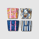 Four colorful Shopper Totes
Hydrangea, Oxford Stripe, Country Plaid & Confetti

- Project Ten