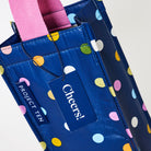 Wine Bag – Confetti - Project Ten
Poka dots on navy background with pink fabric handle