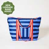 Zip Medium Tote with soft woven handles and luggage band, in Blue Stripe. 
- Project Ten