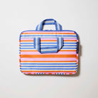 Our Capri Stripe Laptop Case, a slim zip-up laptop case in pink, orange, blue and ecru horizontal stripes, with two blue and ecru striped carry handles and a blue zip.