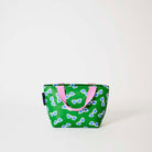 Our Sunglasses Mini Tote, a compact tote bag in green with a scattered print of blue-lensed, white-framed sunglasses and two pink carry handles.