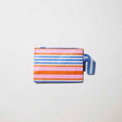 Our Capri Stripe Mini Zip Pouch, a small rectangular pouch in horizontal stripes of pink, orange, blue and ecru, with a blue zip and blue and ecru striped handle.