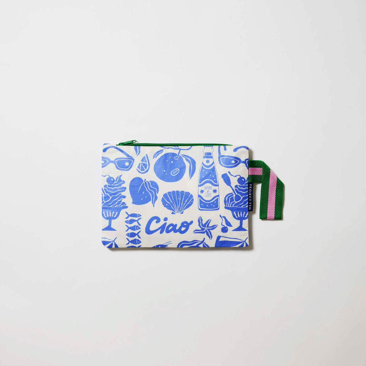 Our Feast Mini Zip Pouch, a small rectangular pouch in a blue and ecru print of shells, gelato, soda bottles, sunglasses and the word "Ciao", with a green zip and green and pink striped handle.