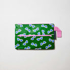 Our Sunglasses Pencil Case, a flat rectangular case in green with a scattered print of ecru framed sunglasses with blue lenses, two pink zip compartments and a pink handle.