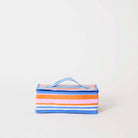 Our Capri Stripe Takeaway Bag, a rectangular insulated bag in horizontal stripes of pink, orange, blue and ecru, with a zip closure and a single blue and ecru striped carry handle.