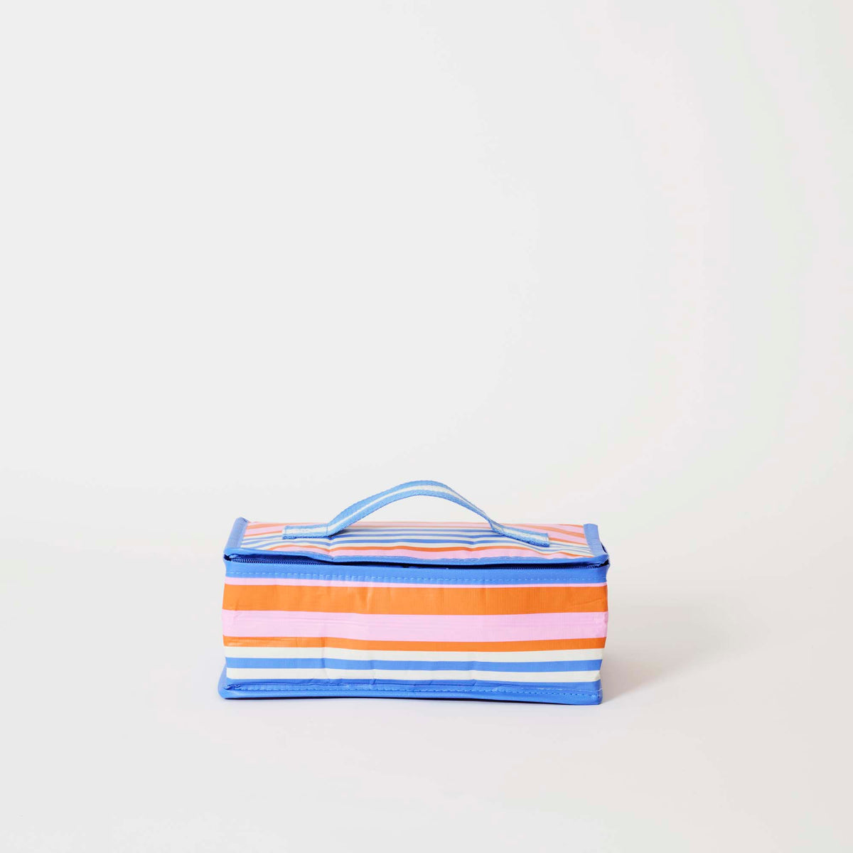 Our Capri Stripe Takeaway Bag, a rectangular insulated bag in horizontal stripes of pink, orange, blue and ecru, with a zip closure and a single blue and ecru striped carry handle.