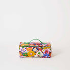 Our Coastal Floral Takeaway Bag, a rectangular insulated bag covered in bright retro daisies in orange, pink, yellow and blue on a navy background, with a zip closure and a single green and ecru striped carry handle.