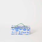 Our Feast Takeaway Bag, a rectangular insulated bag in a blue and ecru print of shells, gelato, soda bottles, starfish and the word "Ciao", with a zip closure and a single green and pink striped carry handle.