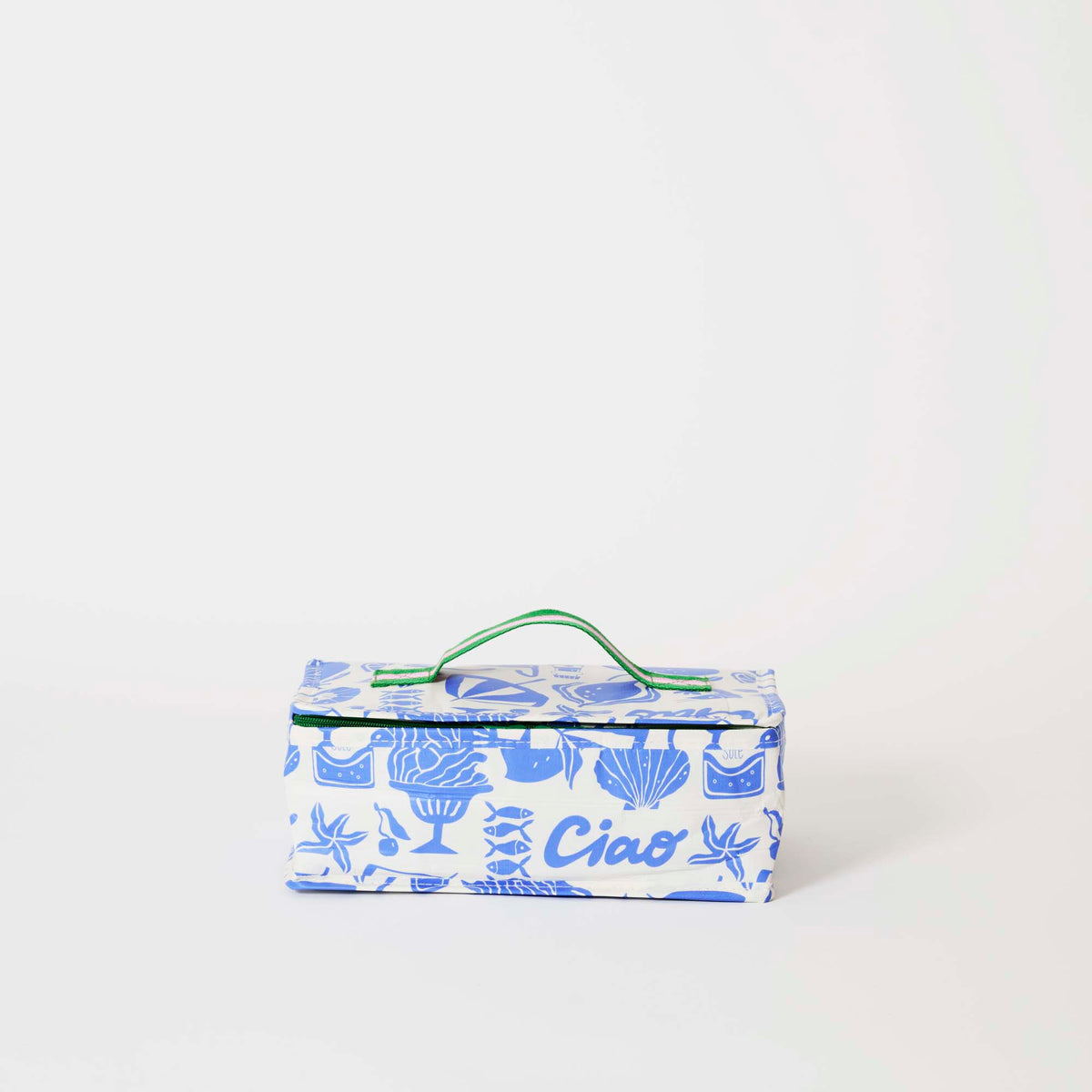 Our Feast Takeaway Bag, a rectangular insulated bag in a blue and ecru print of shells, gelato, soda bottles, starfish and the word "Ciao", with a zip closure and a single green and pink striped carry handle.